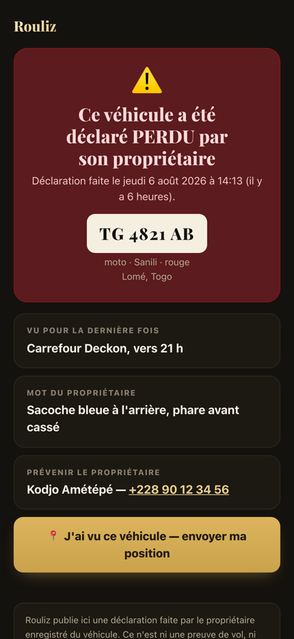 La page publique d'un véhicule déclaré perdu